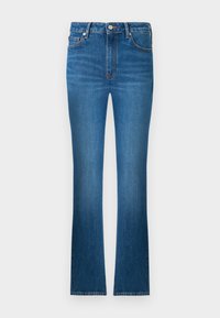 Blue denim jeans with a high waist, slim fit, and flared legs. Features five-pocket design with contrasting stitching and a button closure.