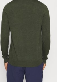 Pull en maille verte avec des manches longues, un col rond et un ourlet côtelé. Texture lisse, silhouette ajustée et détails de design minimalistes.