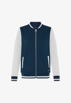 Tummansininen ja harmaa pommitakki, jossa on etuvetoketju, röyhelökaulus ja hihansuut, kaksi sivutaskua sekä logotunnus alahelmassa.