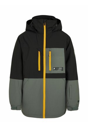 Veste à capuche noire et grise avec fermeture éclair jaune à l’avant, zips sur les poches poitrine, deux poches poitrine et poignets de manches réglables.