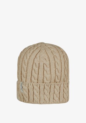 Cream-colored knitted beanie featuring a cable knit pattern and a folded ribbed cuff. Displays a small label on the side.