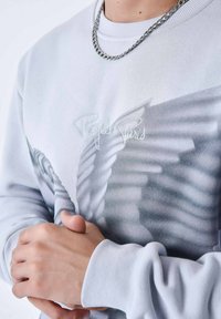 Lichtgrijze sweatshirt met vleugelontwerp in grijstinten, voorzien van ribgebreide mouwen en kraag, met "Project Paris" in het wit geborduurd.