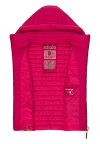 Roze, puffy jas met een gevoerd patroon, voorzien van een capuchon, ritssluiting, binnenzak en een merketiket. Zachte, gladde textuur.