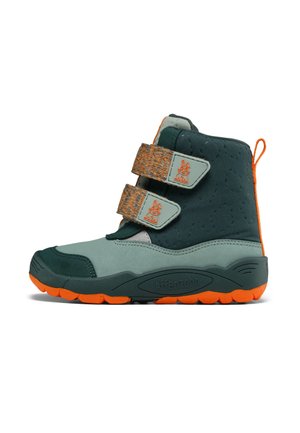 Child’s high-top boot in green and orange with two Velcro straps featuring small animal logos and an orange pull tab at the heel.