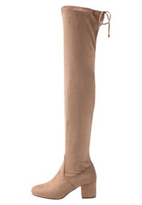 Botas de ante beige hasta la rodilla con un tacón cuadrado, puntera redondeada y parte superior fruncida con un cordón para un ajuste ajustable.