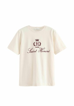 Kremfarvet bomulds t-shirt med en burgundy grafisk fremstilling af et kronet "H" og teksten "Saint Honoré", med en løs pasform og korte ærmer.