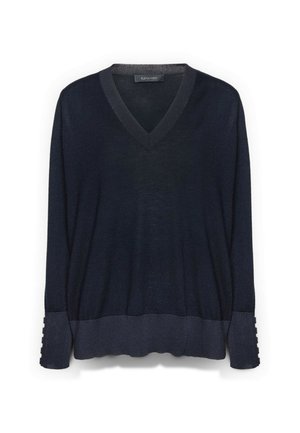 Marineblauwe v-hals trui van zacht gebreide stof, met lange mouwen voorzien van knoopdetails op de manchetten en een ontspannen pasvorm.