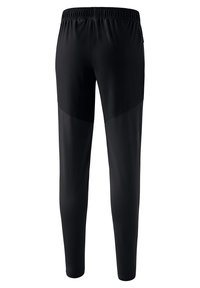 Black athletic pants with an elastic waistband, tapered fit, and contrasting matte and shinier sections on legs, made of stretchy fabric.