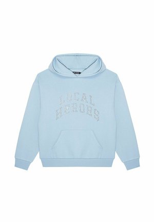 Light blue hooded sweatshirt, cotton material, featuring a front pocket and rhinestone text "LOCAL HEROES" in an arched design.