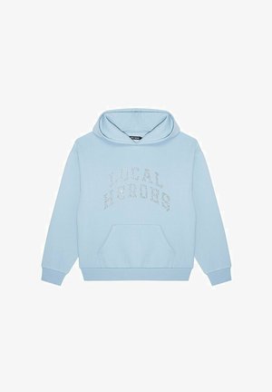 Light blue hooded sweatshirt, cotton material, featuring a front pocket and rhinestone text "LOCAL HEROES" in an arched design.
