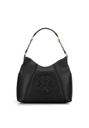 Sac à main en cuir noir de forme arrondie, avec un logo en relief décoratif et une bandoulière accentuée par une chaîne. Finition texturée.