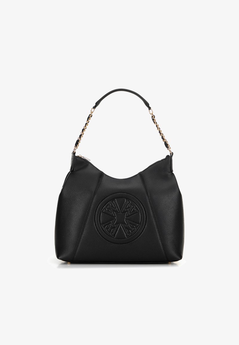 Black leather handbag with a rounded shape, decorative embossed logo, and a chain-accented shoulder strap. Textured finish.