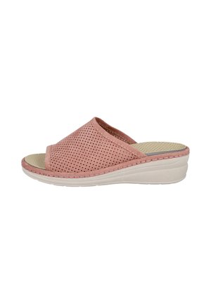 Sandalia rosa abierta con puntera abierta, parte superior perforada y suela acolchada blanca con tacón bajo.