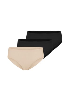 Drei nahtlose Damen-Slips in Schwarz und Beige, überlappend auf weißem Hintergrund dargestellt.