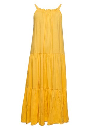 Yellow sleeveless tiered maxi dress with thin straps and gathered neckline, featuring a loose, flowing fit and decorative hem trim.