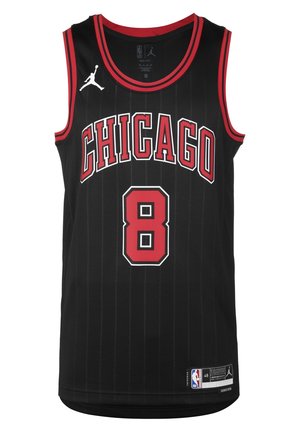 Camiseta de baloncesto negra de los Chicago Bulls con ribete rojo y blanco, número 8 en la parte delantera y logo Jordan Jumpman en el hombro derecho.