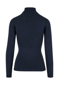 Pull col roulé bleu marine en tissu maille douce, avec manches longues et bordures côtelées au niveau du col et de l'ourlet, doté d'une silhouette ajustée.