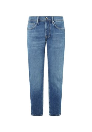 Hellblaue Jeans aus Denim mit geradem Schnitt, fünf Taschen und einem klassischen Bund. Glatte Textur mit subtilen Ausbleichungen und kontrastierenden Nähten.