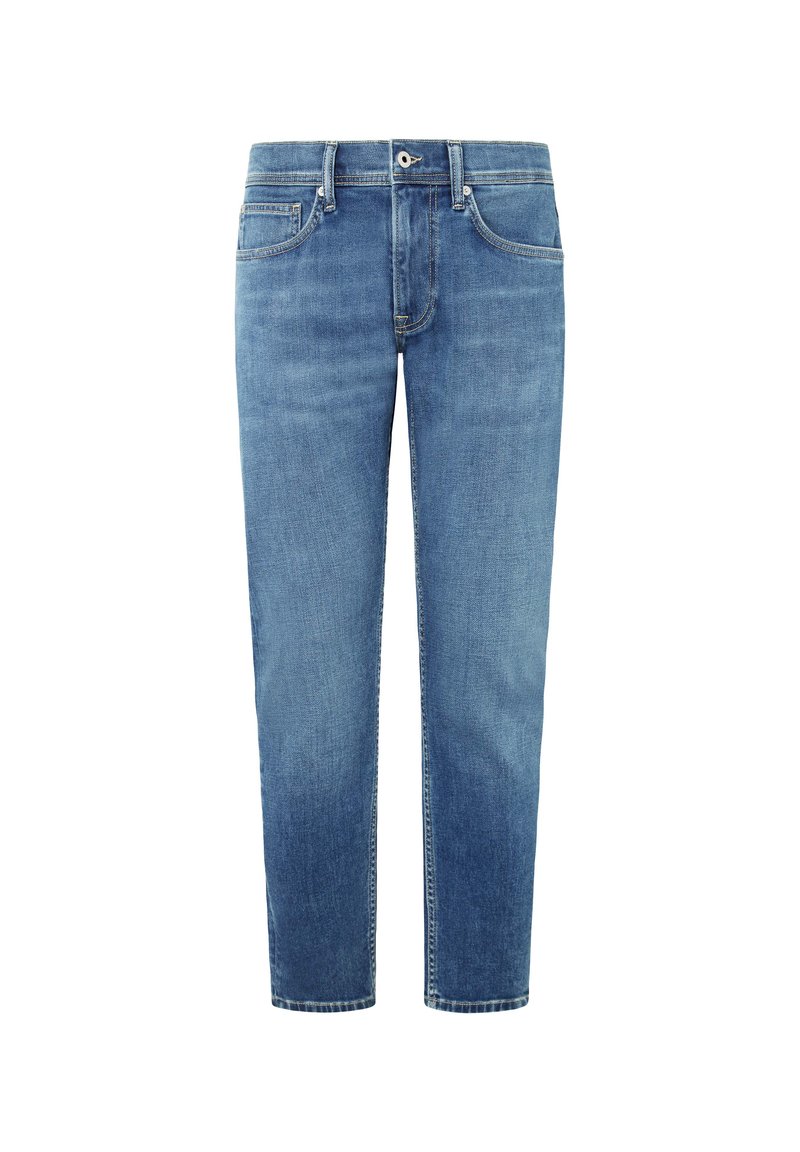 Jeans de denim azul claro con corte recto, cinco bolsillos y una cinturilla clásica. Textura suave con un ligero desgaste y costuras en contrastante.