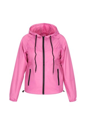 Pink windbreaker jacket with a hood, black zippers, adjustable drawstrings, and elastic cuffs. Lightweight material with a smooth texture.