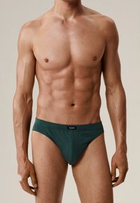 Zielone bawełniane slipy o niskim stanie, z firmowym paskiem. Gładka faktura, dopasowany krój i minimalistyczny styl.