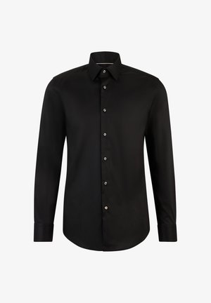 Black dress shirt with long sleeves, button-down collar, and front button closure. Smooth fabric texture with curved hem and contrasting button details.