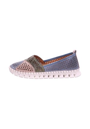 Multi-colored slip-on shoe featuring a mix of perforated blue, green, and pink materials with a white ridged sole.