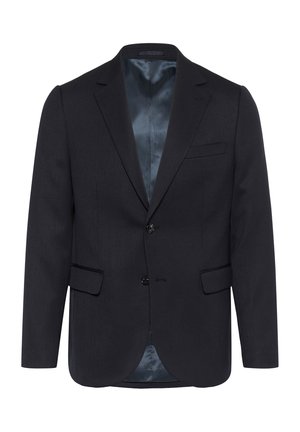 Czarna, fakturowana marynarka męska z dwoma guzikami, klapami, naszytymi kieszeniami i gładkim satynowym podszewką widoczną w środku.