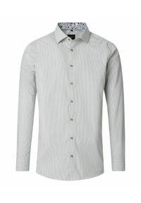 Hellgrün gestreiftes Langarmhemd mit Button-Down-Kragen; gemusterter Stoff innen am Kragen; fünf Knöpfe vorne.