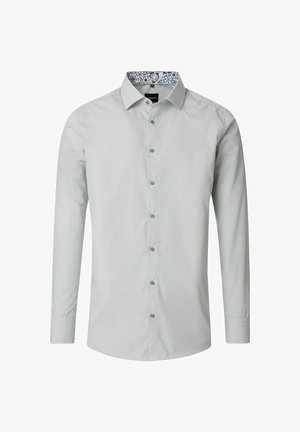 Hellgrün gestreiftes Langarmhemd mit Button-Down-Kragen; gemusterter Stoff innen am Kragen; fünf Knöpfe vorne.