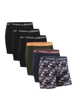 Pack de seis calzoncillos para hombre en varios colores sólidos y un patrón geométrico, fabricados con tejido elástico y cinturas elásticas.
