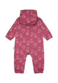 Kinderjumpers met kap in bordeauxrode stof, met witte uilenpatronen. Elastische boorden, volledige rits en versterkte steken.
