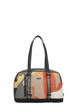 Borsa rettangolare con manici neri, motivo astratto multicolore in arancione, beige, grigio e nero, e una tasca frontale verticale con cerniera.