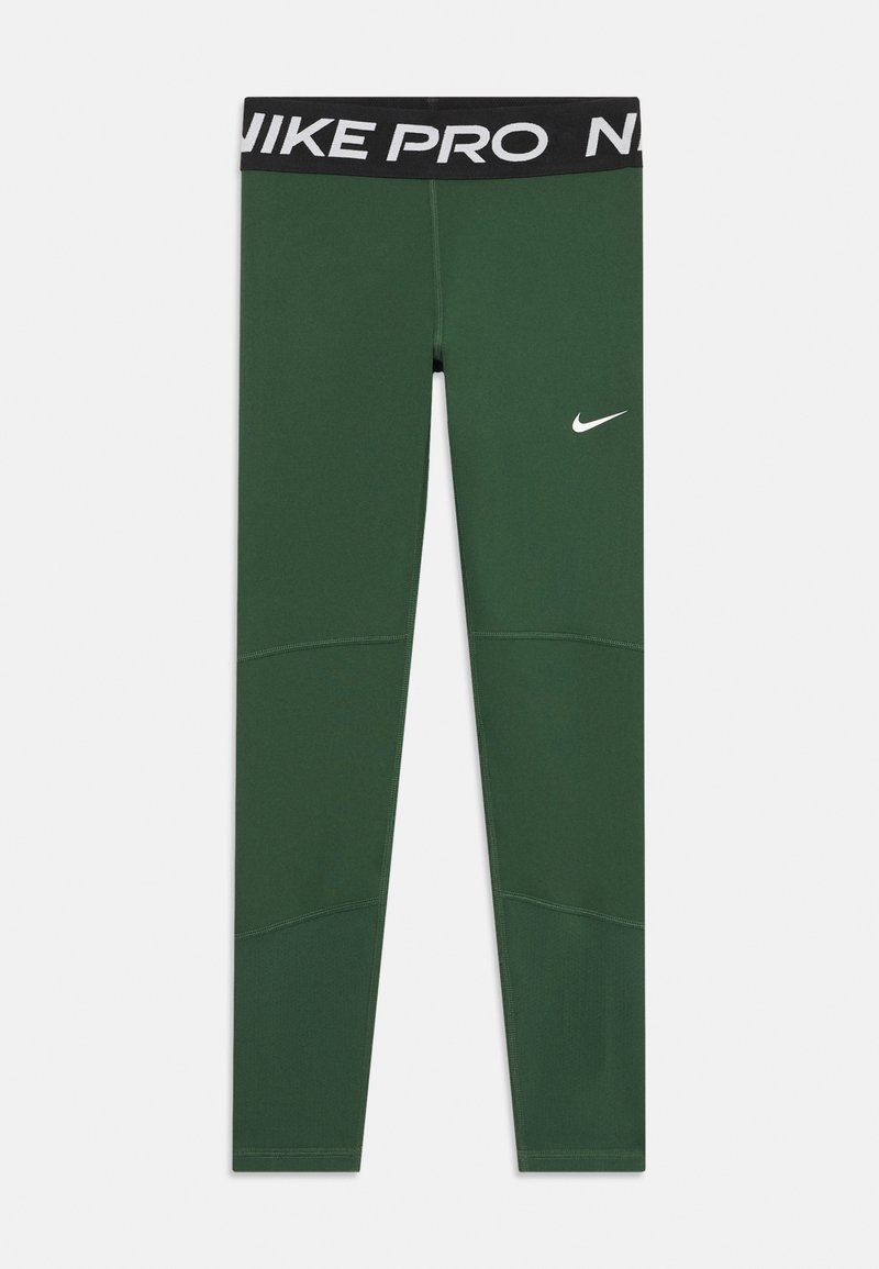 Zelené legíny Nike Pro s čiernym elastickým pásom, na ktorom je nápis "NIKE PRO" v bielej farbe. Hladká textúra a priliehavý dizajn s akcentmi zo švov.