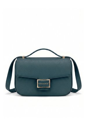 Bolso de hombro de cuero verde oscuro con asa superior y cierre rectangular dorado grabado con el nombre de la marca Vivisence.