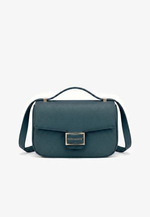 Bolso de hombro de cuero verde oscuro con asa superior y cierre rectangular dorado grabado con el nombre de la marca Vivisence.