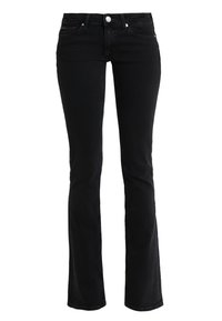 Czarne dżinsy dzwonowate z dopasowaną talią, pięcioma kieszeniami, subtelnych przeszyciami oraz metalowym zapięciem. Klasyczny styl z niewielką elastycznością.