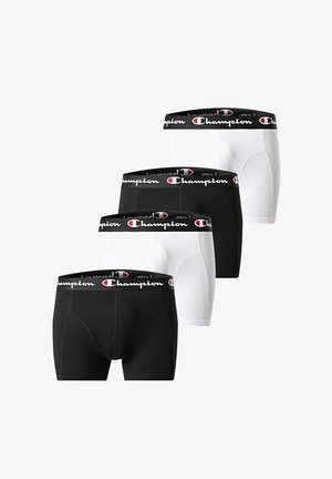 Vier Herren-Boxershorts in abwechselndem Schwarz und Weiß, jeweils mit einem schwarzen Bund, der das Champion-Logo in Weiß und Rot zeigt.