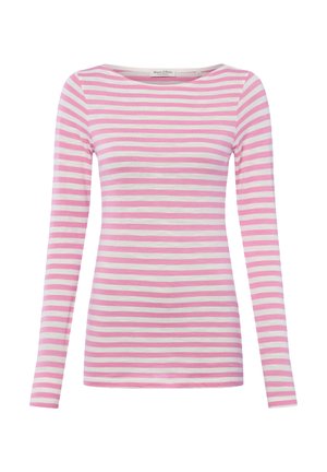 Langärmeliges Damenoberteil mit rosa und weißen horizontalen Streifen und Rundhalsausschnitt, gefertigt aus leichtem Stoff.