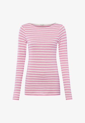 Langärmeliges Damenoberteil mit rosa und weißen horizontalen Streifen und Rundhalsausschnitt, gefertigt aus leichtem Stoff.