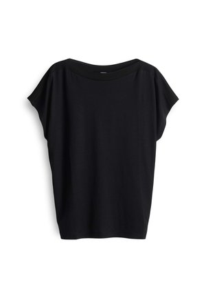 Zwarte top met korte mouwen van lichtgewicht stof, met een losse pasvorm en een wijde halslijn met geribbelde accenten op de schouders.
