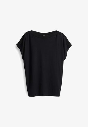 Zwarte top met korte mouwen van lichtgewicht stof, met een losse pasvorm en een wijde halslijn met geribbelde accenten op de schouders.