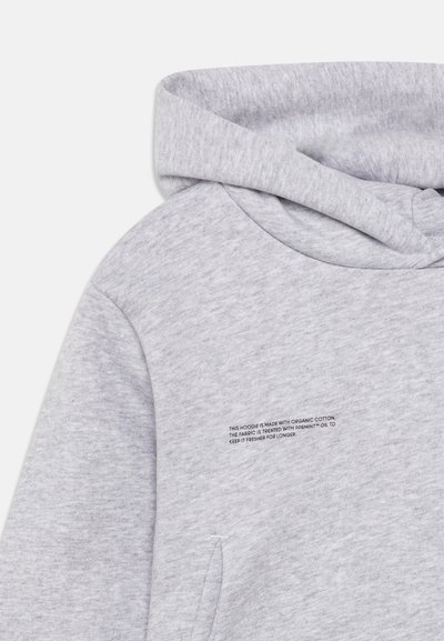 Gray hoodie made from organic cotton, featuring a drawstring hood and side pockets. Text detailing fabric treatment on the front.