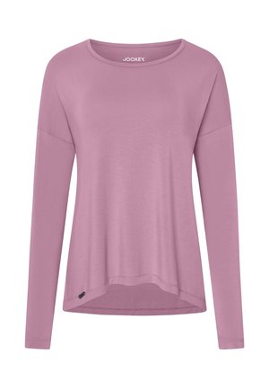 Blusa de manga larga en tejido rosa claro, con un cuello redondo, corte holgado y dobladillo curvado, que incluye una pequeña etiqueta en el lateral.