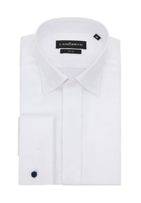 Biała, dopasowana koszula z klasycznym kołnierzykiem, mankietami na jeden guzik, haftowanym akcentem na mankiecie oraz metką z instrukcją prania w kołnierzyku.