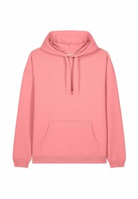 Felpa con cappuccio rosa, dotata di tasca a marsupio frontale, cappuccio regolabile con coulisse e polsini e orlo a coste, su sfondo bianco.