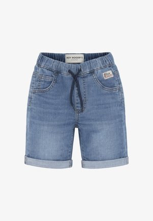 Pantaloncini di denim azzurro per bambini con fascia elastica in vita, coulisse blu scuro, tasche frontali, risvolti e etichetta Roy Roger's.