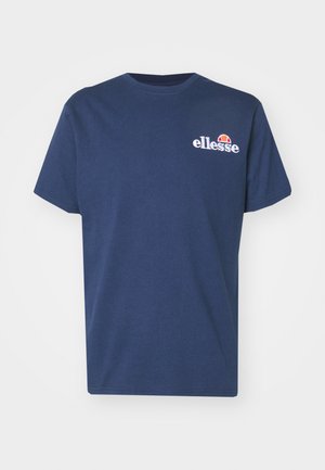 Navyblaue Baumwoll-T-Shirt mit kurzen Ärmeln, rundem Ausschnitt und einem kleinen weißen gestickten Logo auf der linken Brust. Schlichtes und unauffälliges Design.