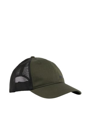 Olivgrüne Baseballkappe mit schwarzem Netzrücken und gebogenem Schirm, mit dezentem Schriftzug auf dem Vorderteil.