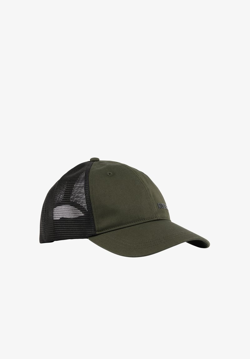 Casquette de baseball vert olive avec dos en mesh noir et visière courbée, présentant un détail de texte subtil sur le panneau avant.